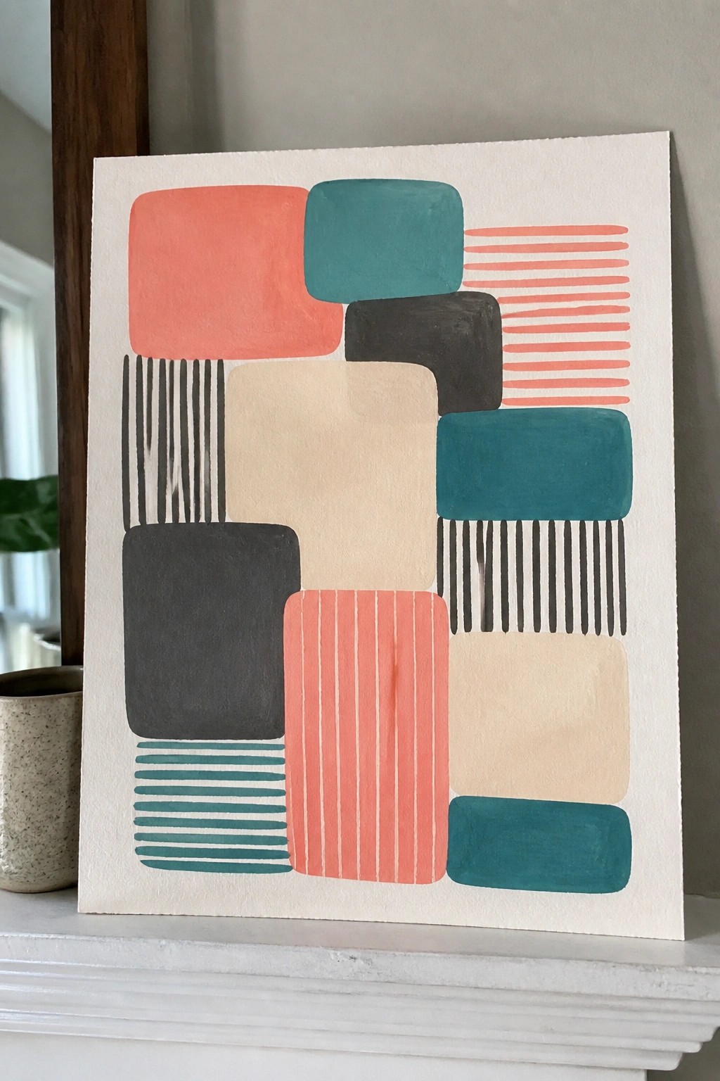Abstract geometric painting with coral, teal, black shapes and lines on white paper.