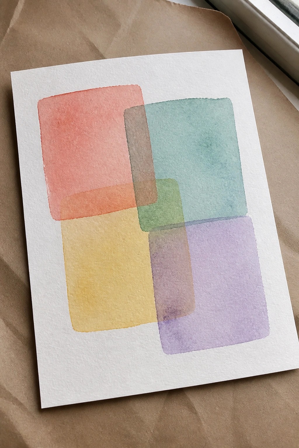 Abstract watercolor with overlapping translucent rectangles in coral, yellow, teal, and purple.