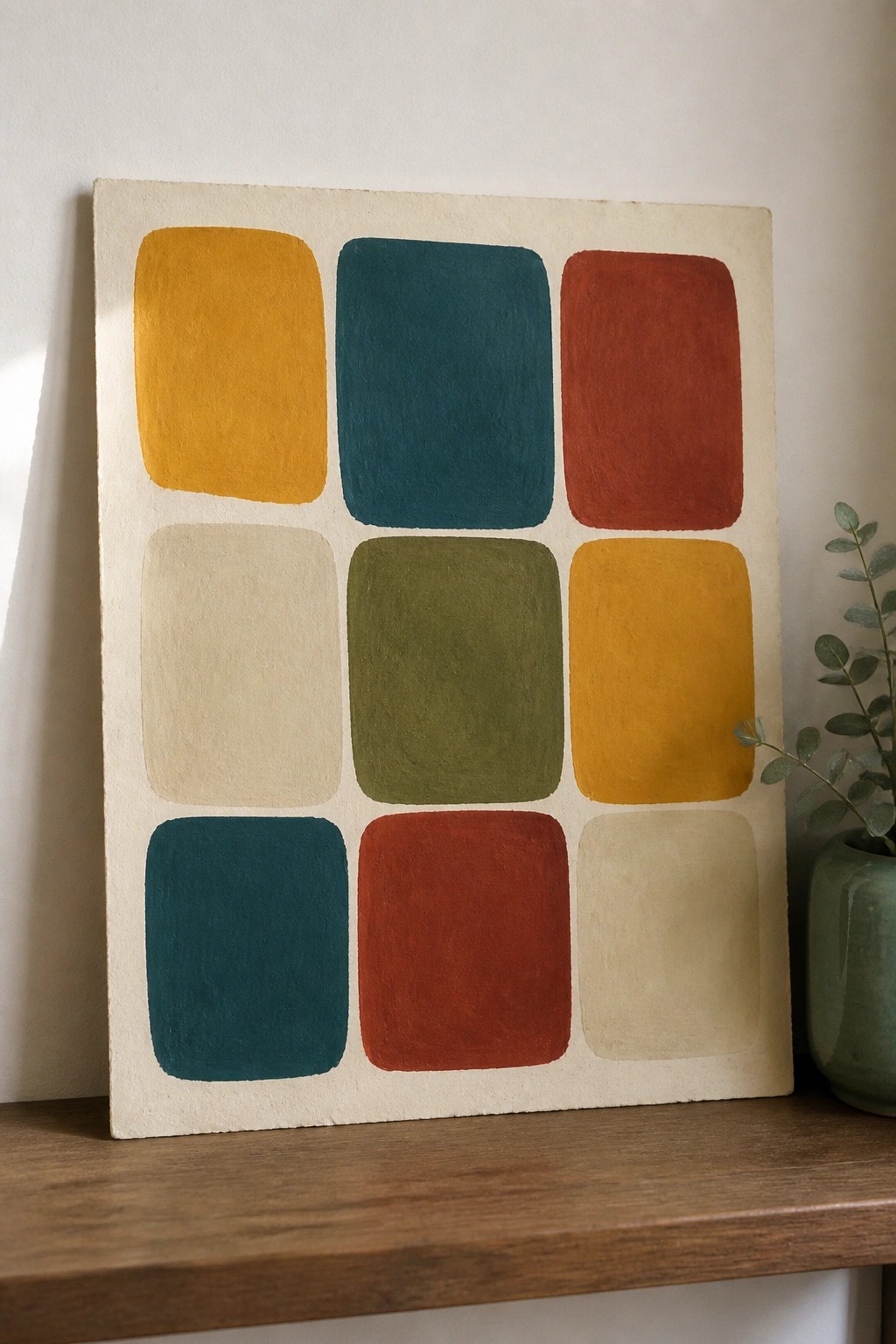 Abstract painting with rounded colorful rectangles on wood beside green vase with plant.