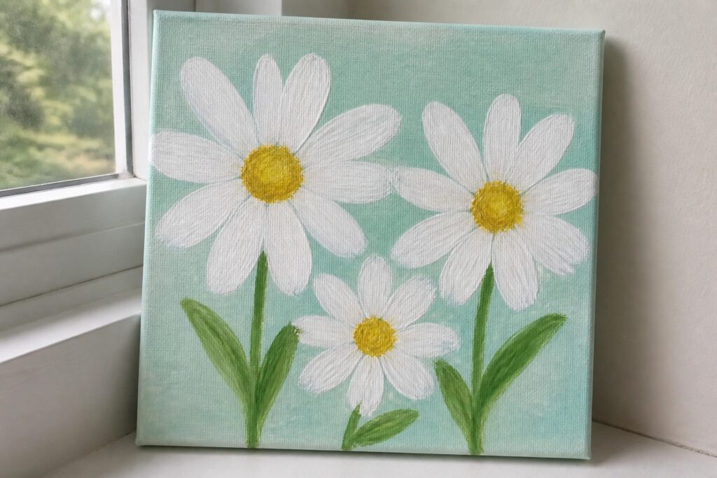 24 Easy Canvas Painting Ideas for Adults Who Want a Low-Pressure Project A canvas painting of three white daisies with yellow centers and green stems on a light green background.