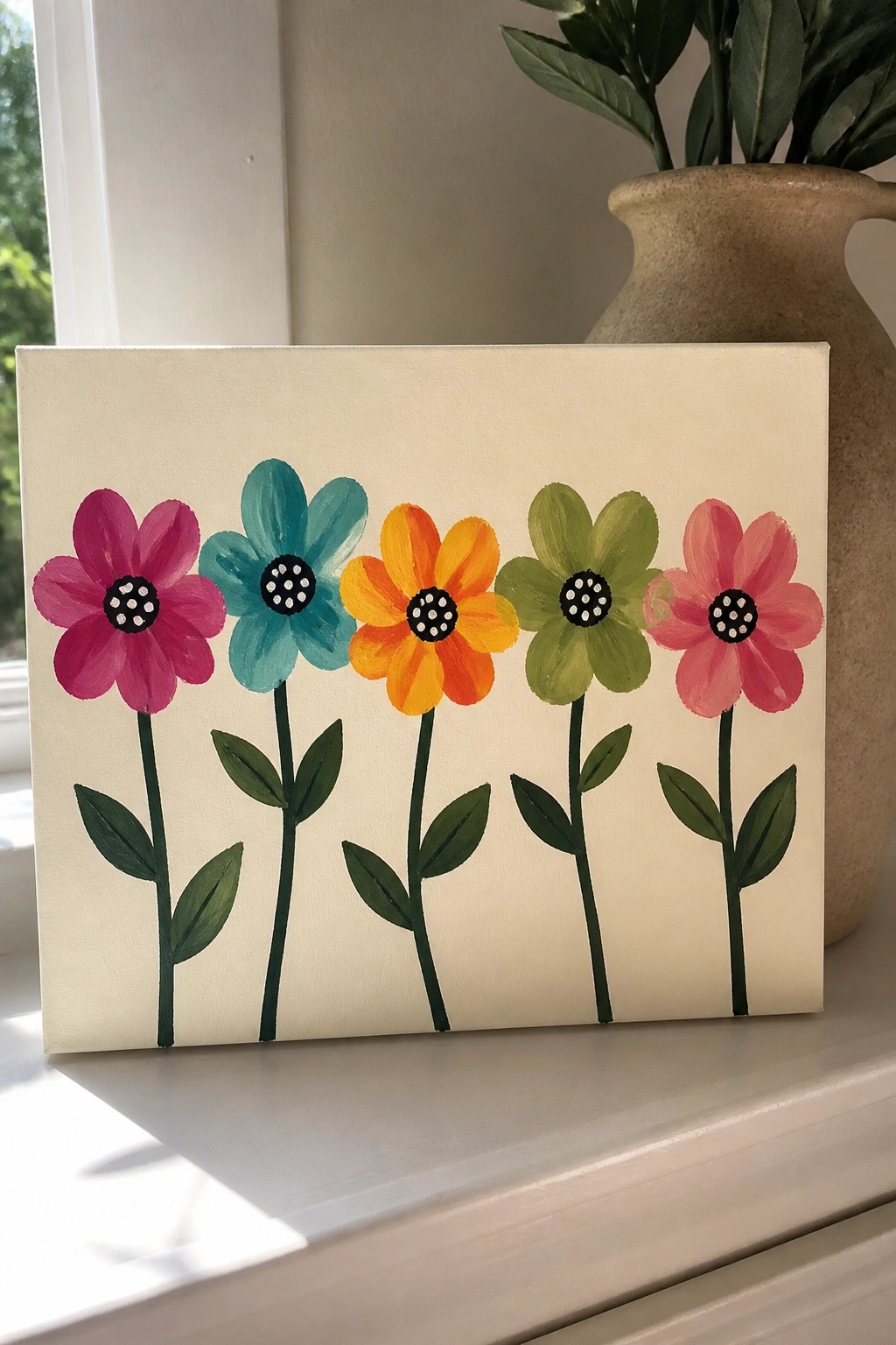 Five colorful flowers with dotted centers and green stems painted on canvas