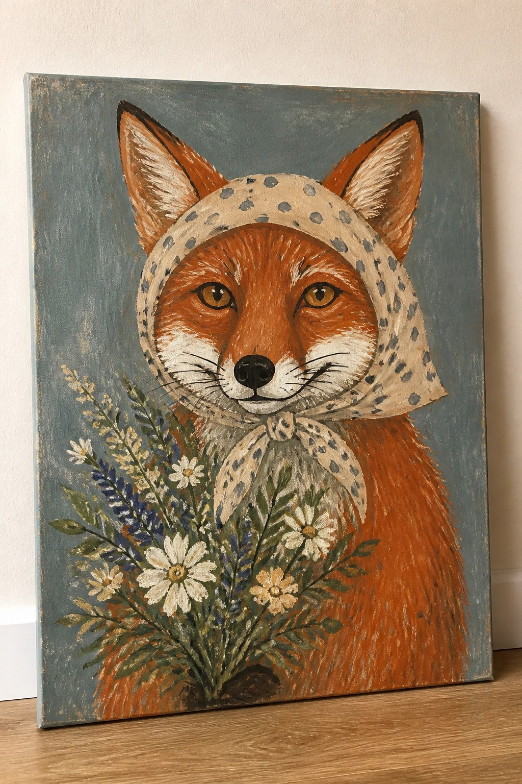 Fox in polka-dot bonnet holding wildflowers against blue background.