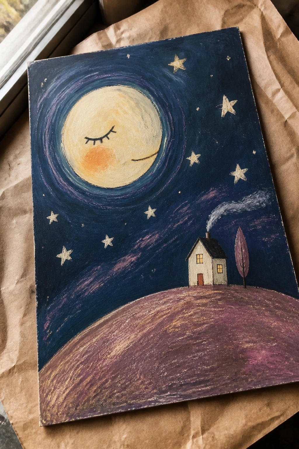 Painting of smiling moon, stars, house on purple hill under swirling night sky.