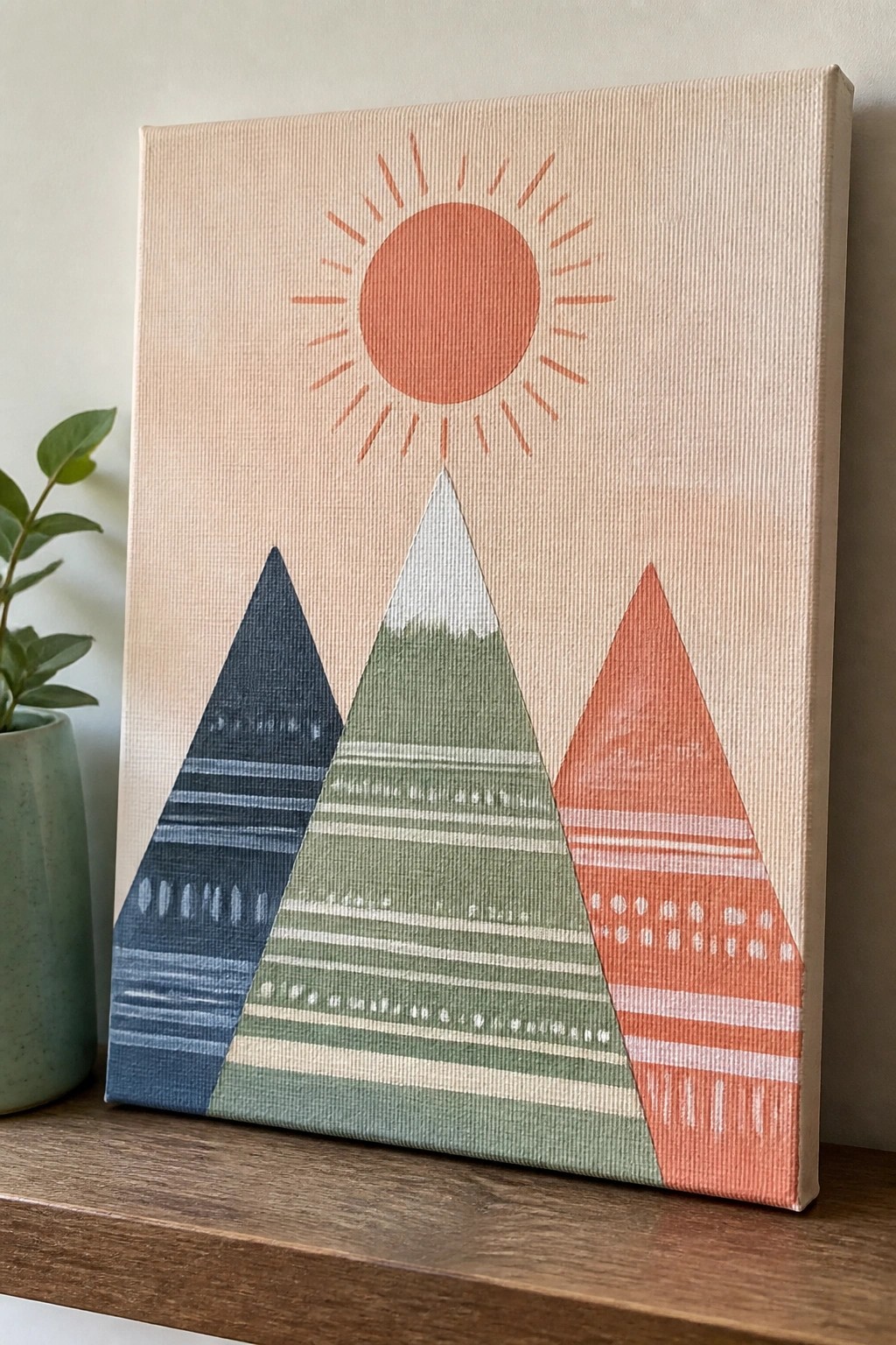 Orange sun above three patterned mountains in blue, green, and red beside plant