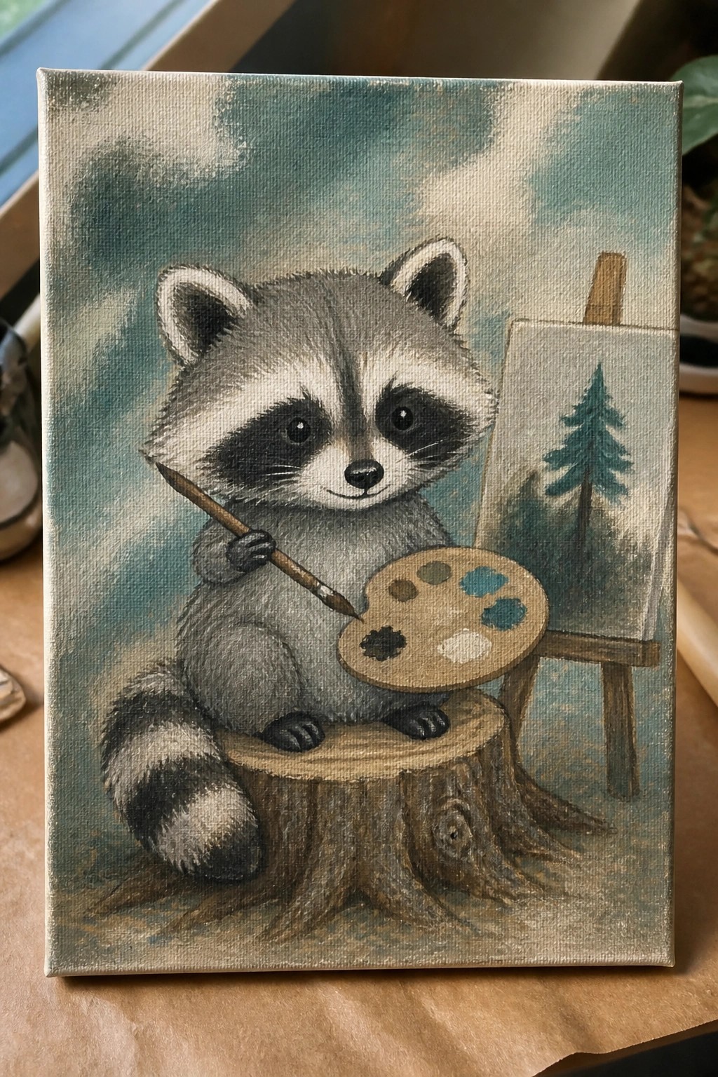 Cartoon raccoon holding paintbrush and palette on tree stump beside easel with tree painting