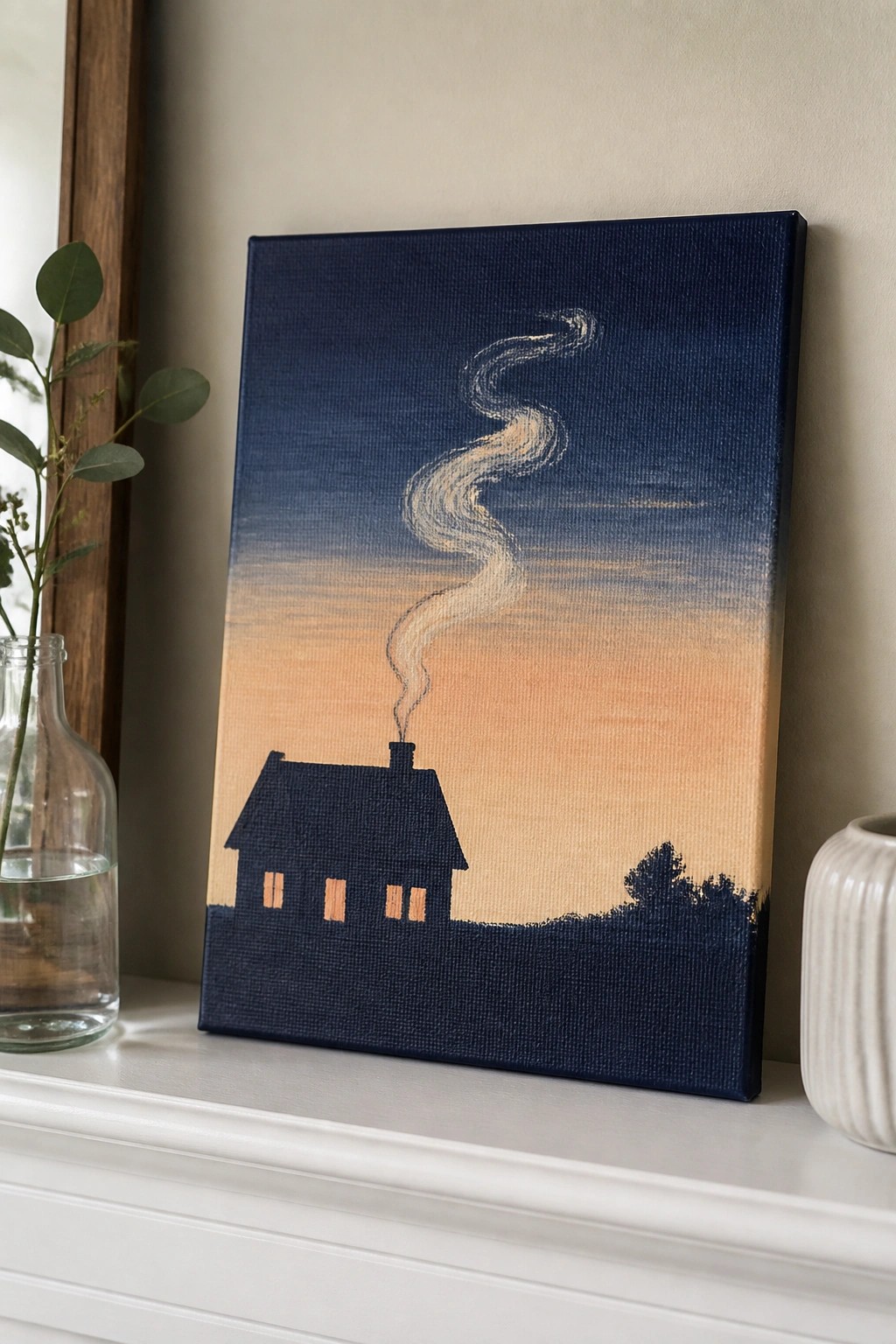 Silhouetted house with glowing windows and curling smoke on gradient canvas atop mantel.