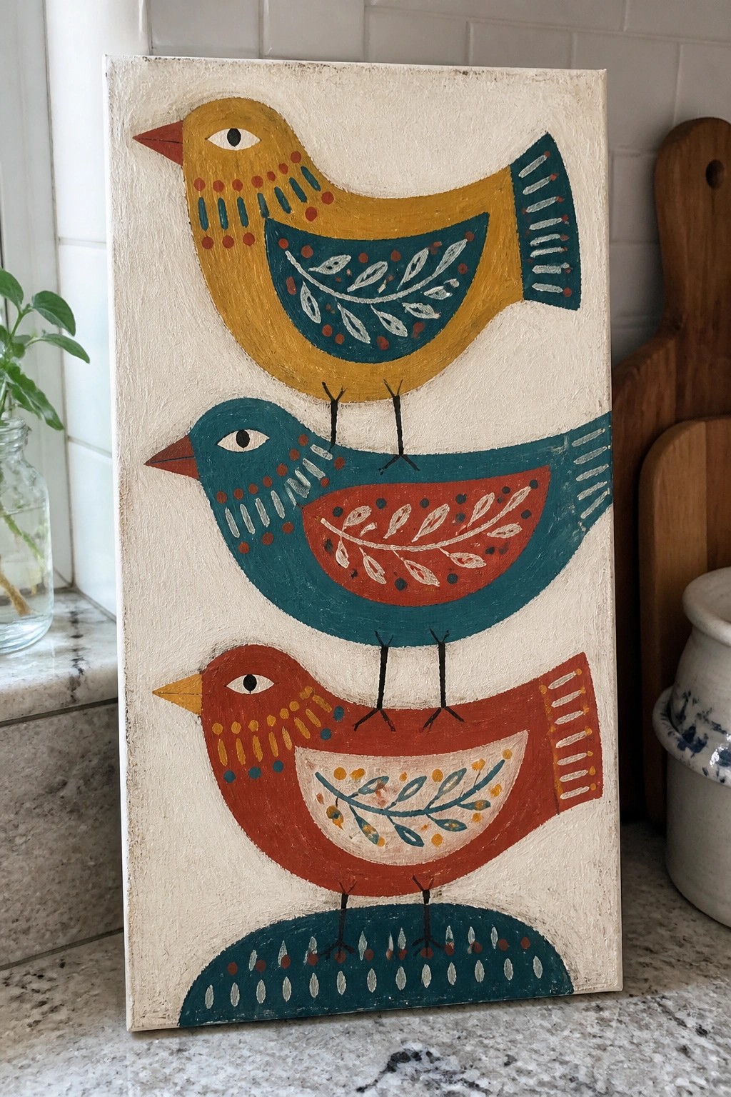 Three stacked folk-art birds in yellow, teal, and red on canvas
