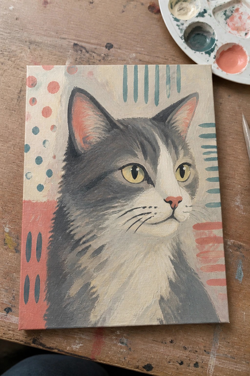 Vibrant painting of a gray and white cat with yellow eyes beside a paint palette.