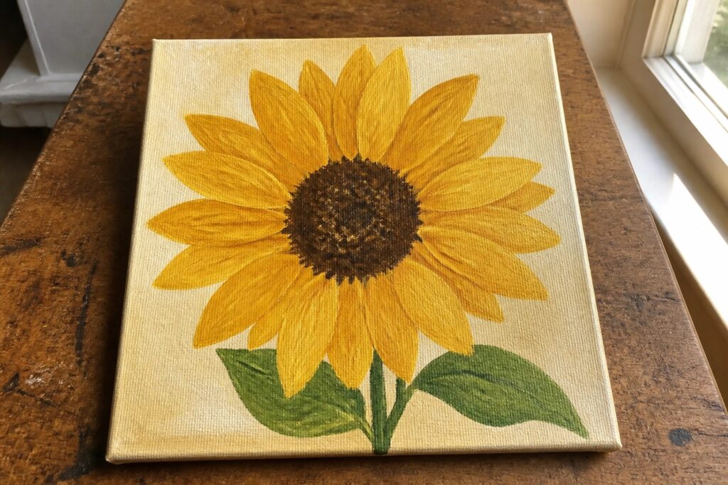 Yellow sunflower painting with brown center, green leaves on canvas atop wood table.