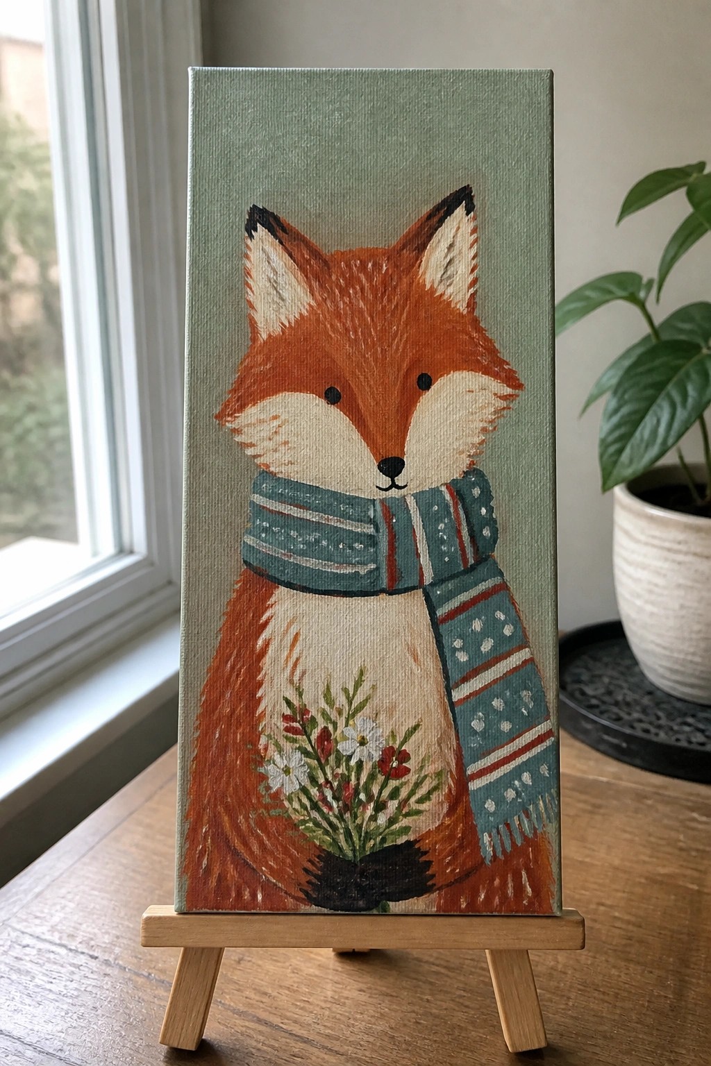 Vertical canvas painting of orange fox in teal scarf holding flowers on easel