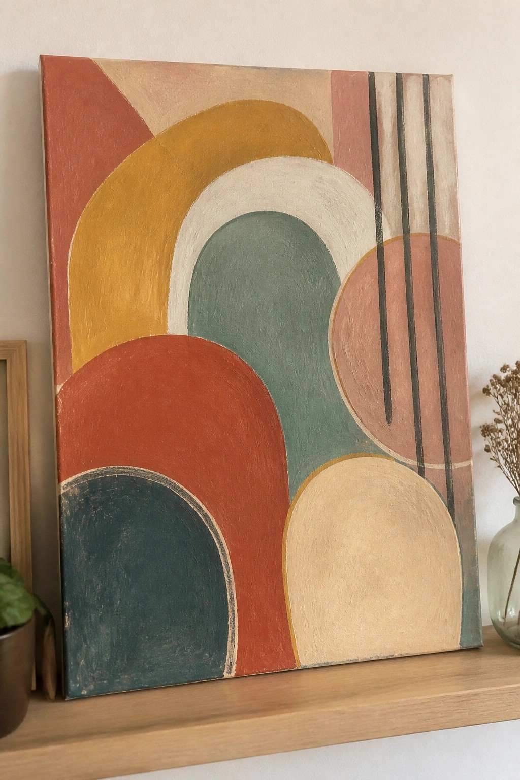 Abstract painting featuring overlapping colorful arches and circles on canvas shelf