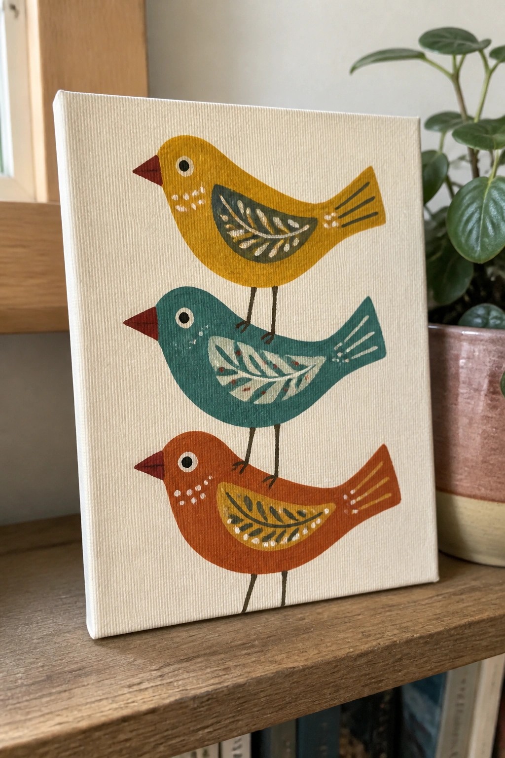 Three stacked folk-art birds in yellow, teal, and orange on a canvas.