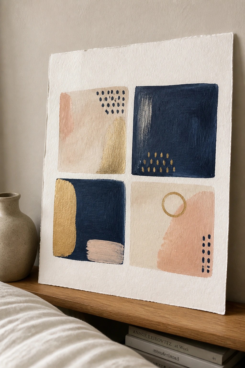 Abstract four-quadrant painting in navy, beige, peach, and gold on wooden shelf