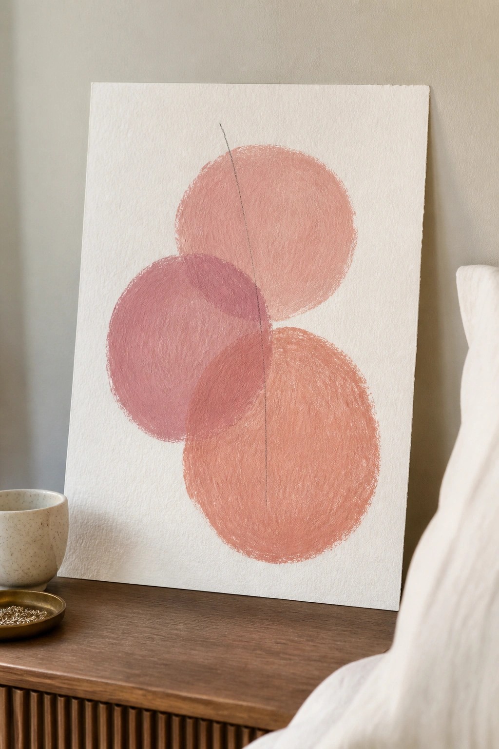 Abstract painting of three overlapping pink circles with a thin black line on wooden table