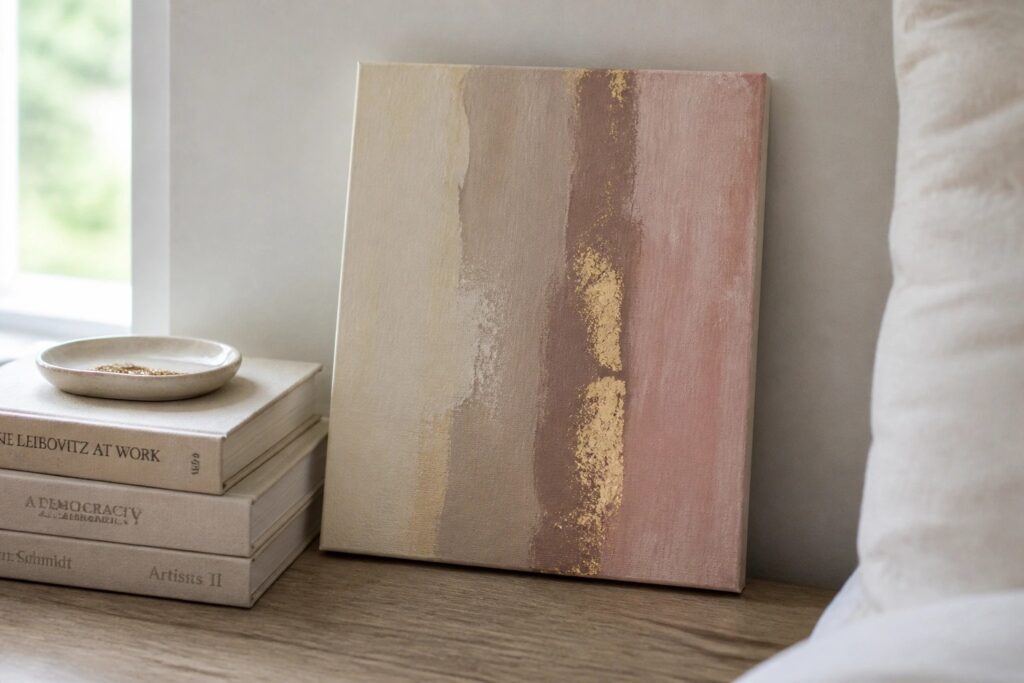 24 Elegant Bedroom Canvas Painting Ideas for a Calm Luxe Look Abstract canvas with beige, pink, and gold strokes propped on books beside bowl.