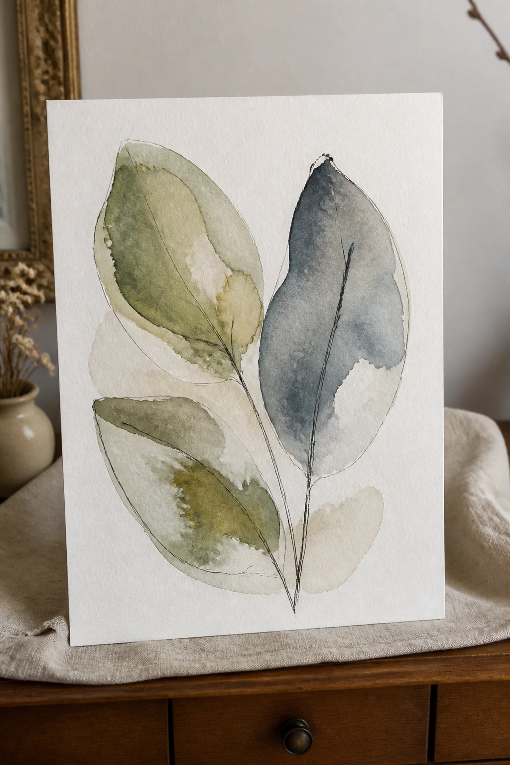 Watercolor painting of three overlapping leaves in soft green and blue tones on white paper.