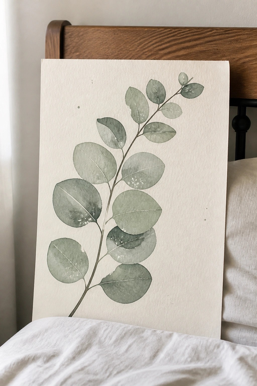 Watercolor eucalyptus branch in green tones on white paper against wooden headboard