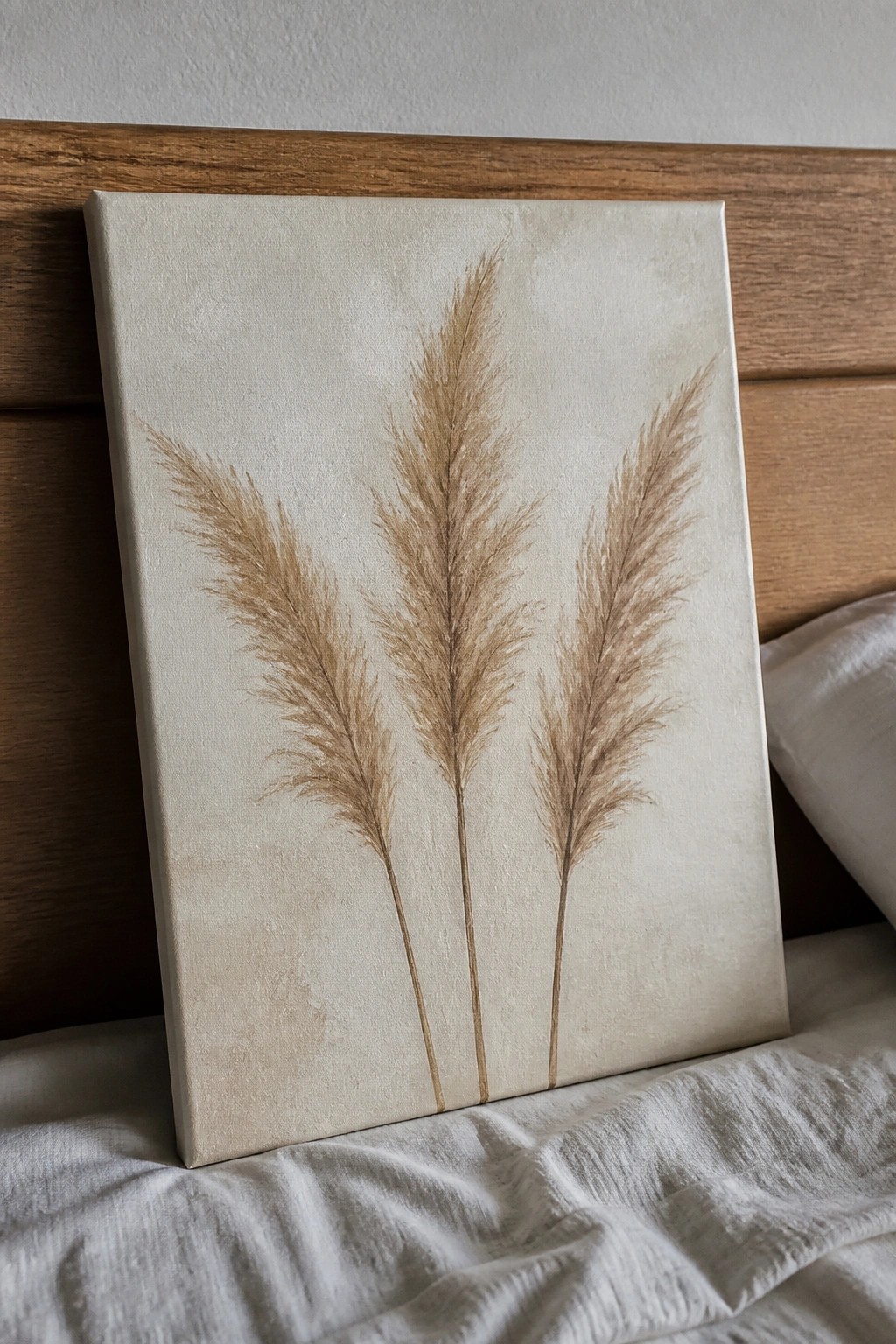 Beige canvas painting of three tall brown pampas grass plumes on a bed.