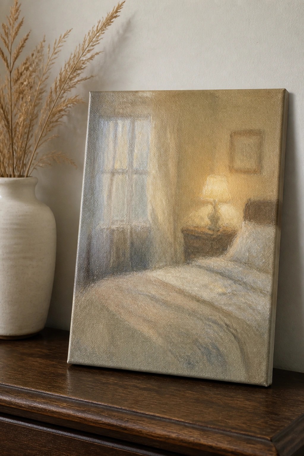 Softly lit bedroom painting on wooden table beside vase of dried pampas grass.