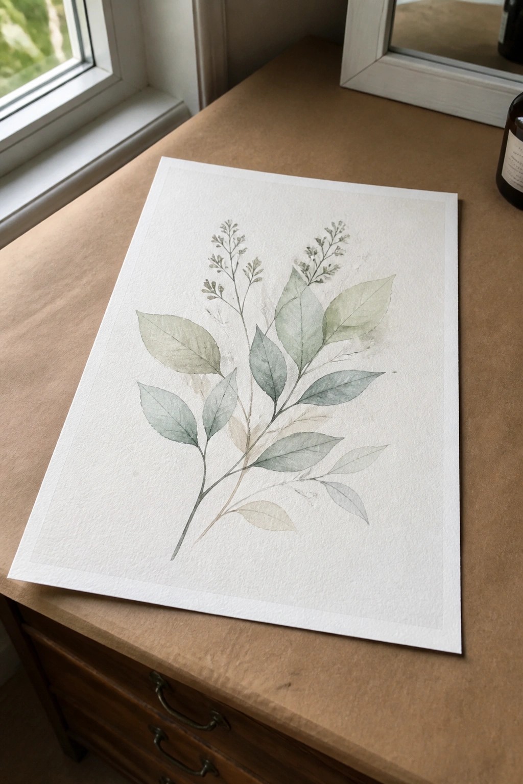 Watercolor botanical illustration of green leaves on white paper atop wooden dresser