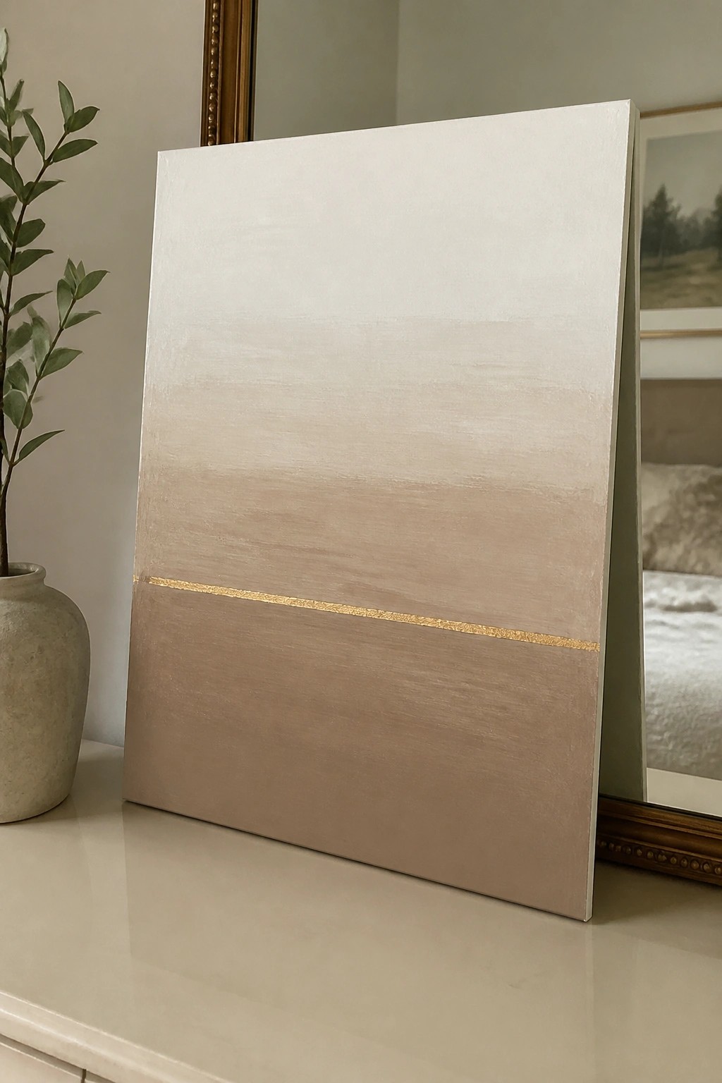 Minimalist abstract painting with beige gradient and gold stripe beside plant vase.