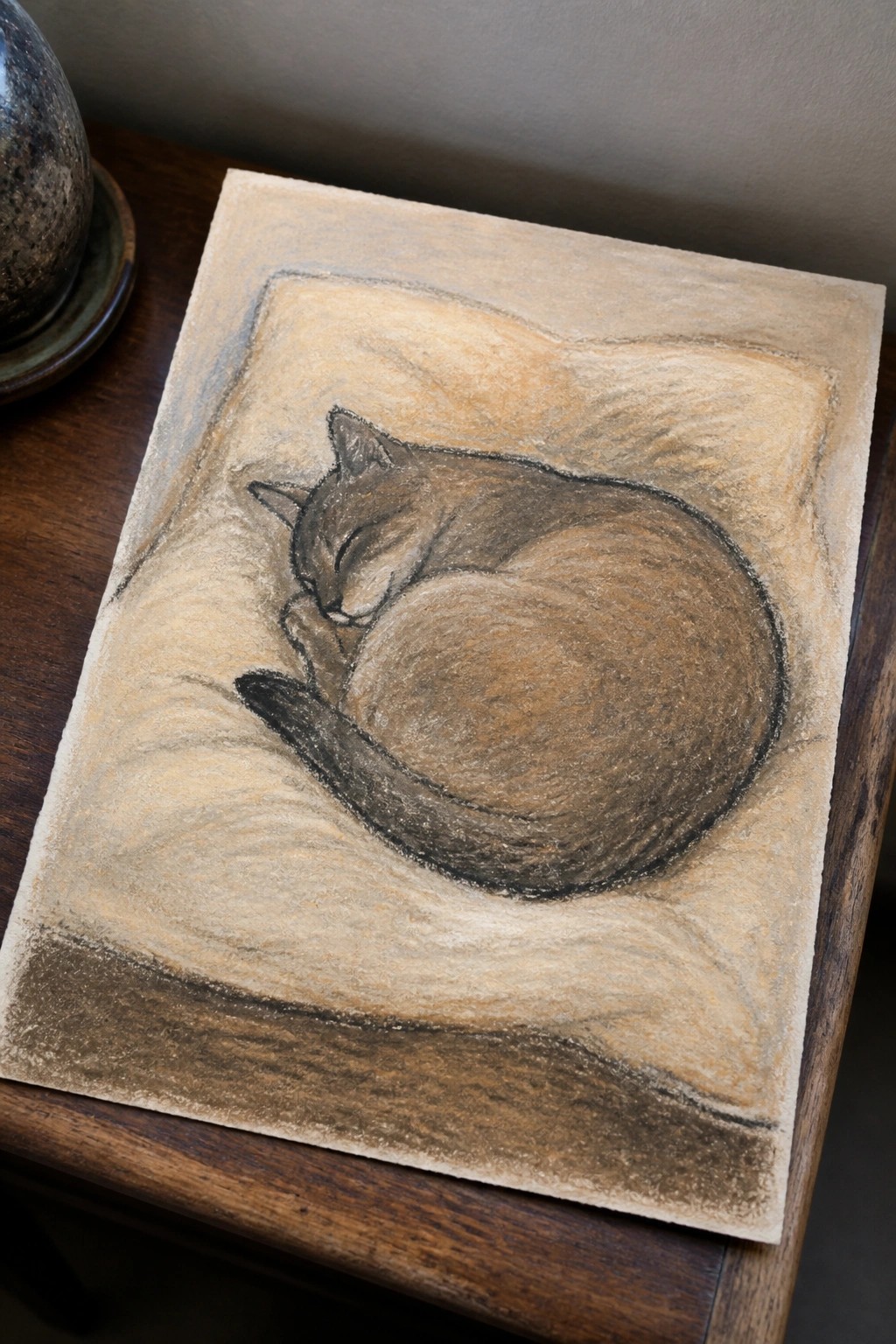 Pastel sketch of sleeping cat curled on beige pillow-like surface on wood