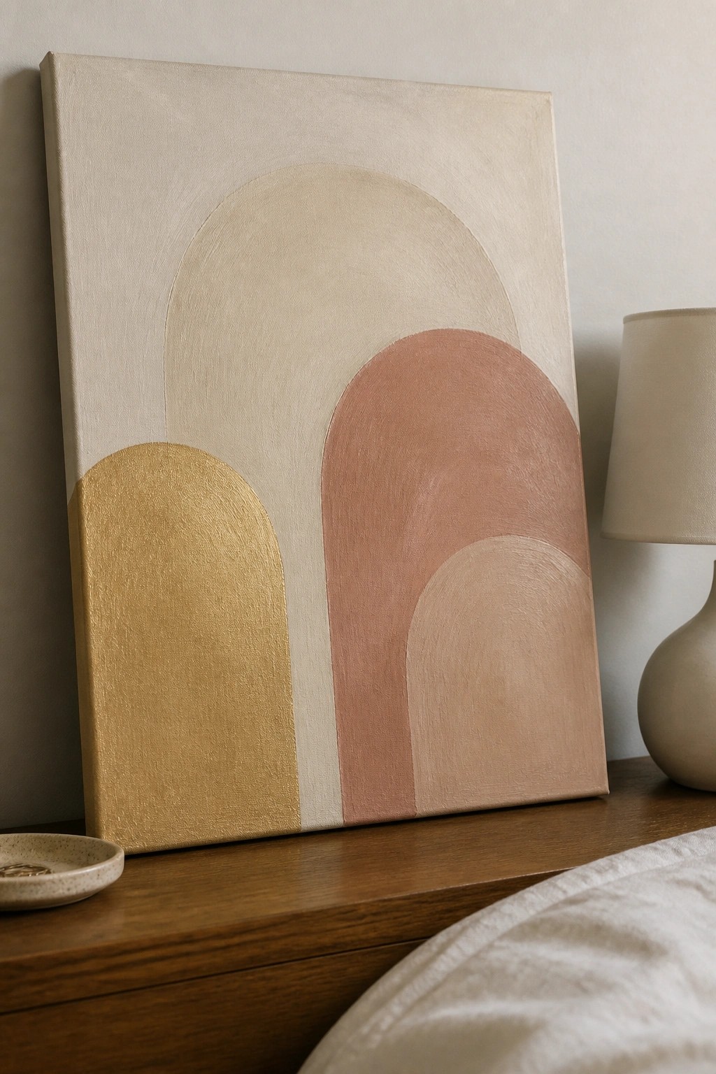 Abstract painting with layered gold, pink, and beige arches on wooden surface beside lamp