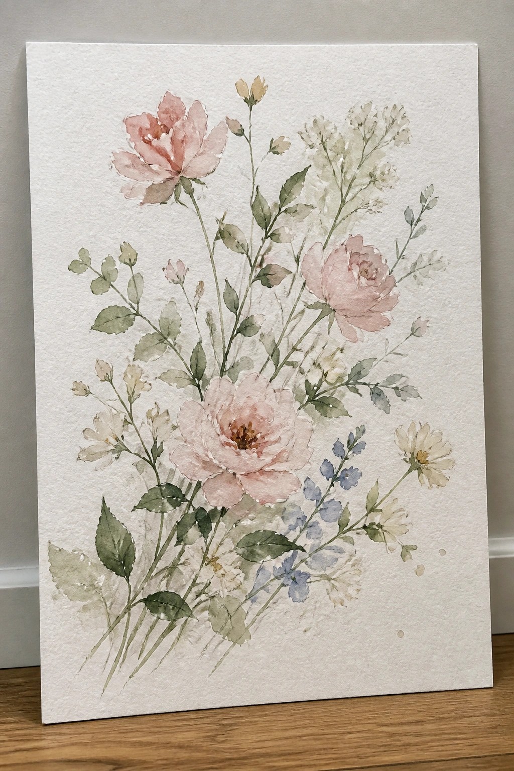Watercolor painting of pink roses mixed with smaller white, blue, and green wildflowers on white paper.
