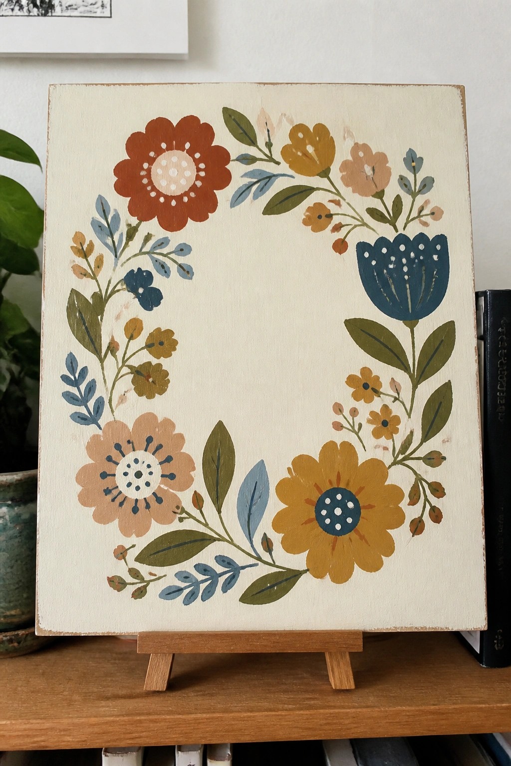 A painted floral wreath with red, yellow, blue, and peach flowers arranged in a semi-circle on a cream canvas.