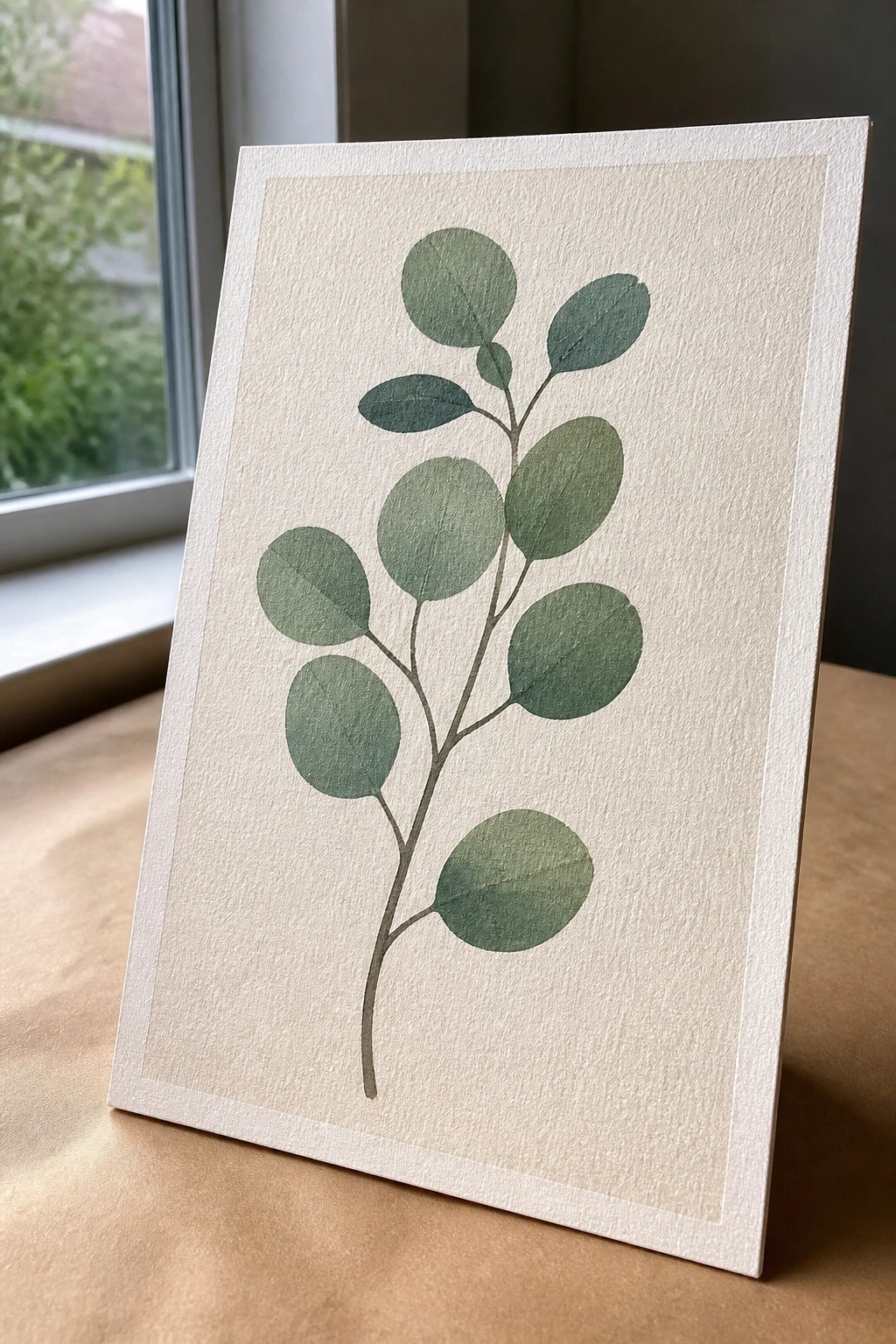 Watercolor eucalyptus branch with round green leaves on beige textured card