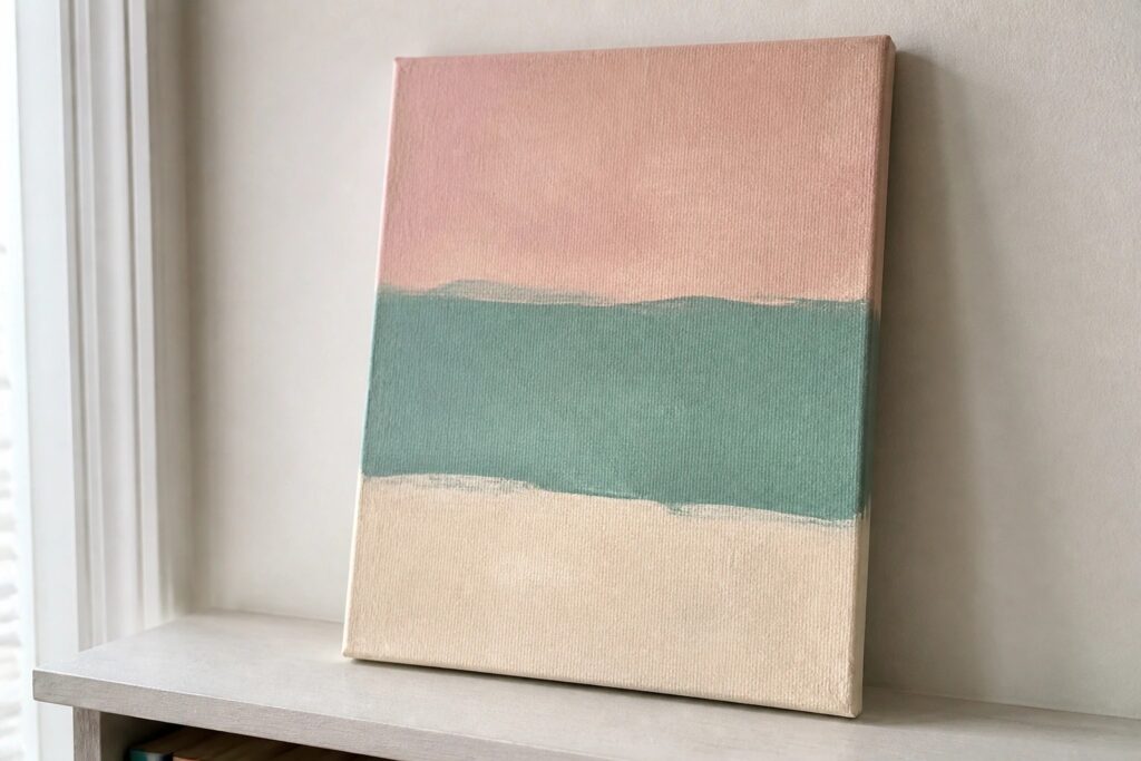 Abstract canvas with pink, teal, and beige horizontal stripes on a white shelf beside plant