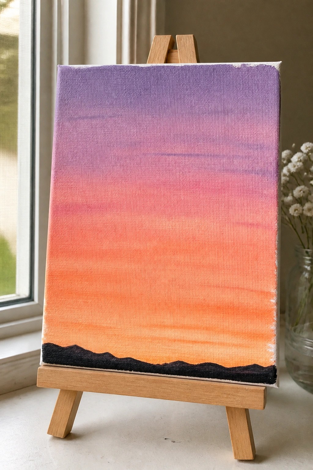Gradient canvas on easel shows purple-pink-orange sunset above black mountain silhouette.