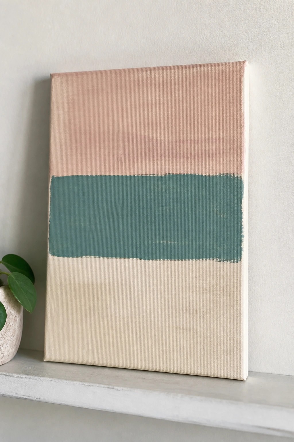 Abstract canvas with pink, teal, and beige horizontal stripes on a white shelf beside plant