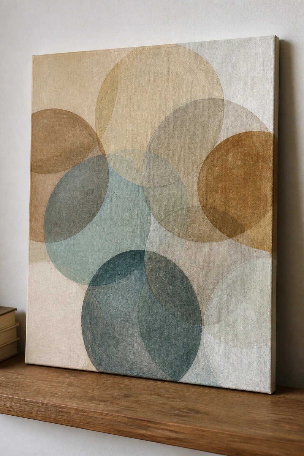 Abstract canvas with overlapping circles in beige, brown, teal, and gray on wooden shelf