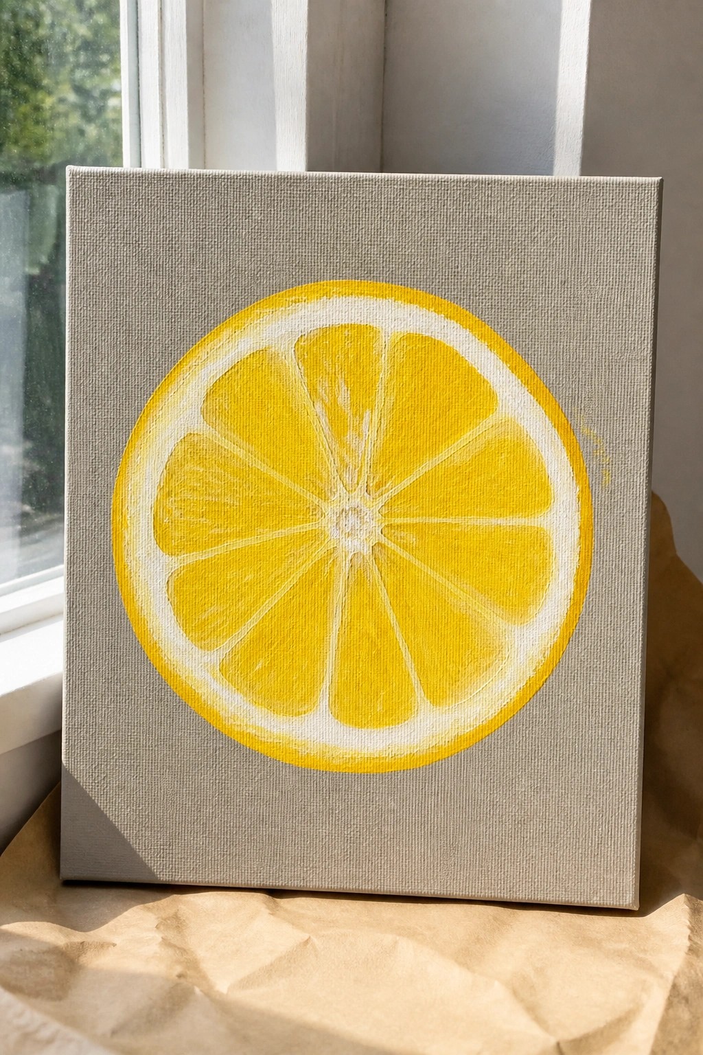 Yellow lemon slice painting on gray canvas near sunlit window on brown paper