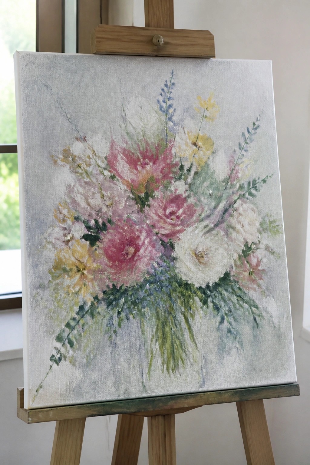 Impressionistic floral painting with pink roses and yellow blooms on wooden easel.