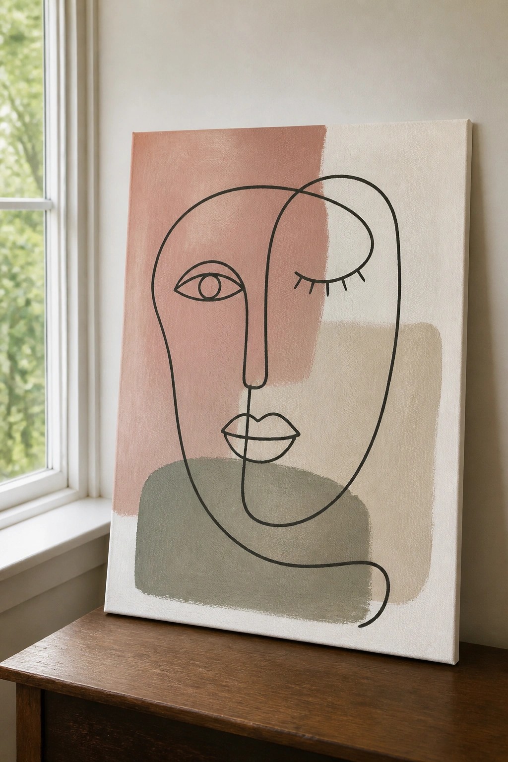 A canvas with a black line drawing of a stylized face showing one open eye and one closed eye, placed over blocks of pink, beige, and muted green paint.