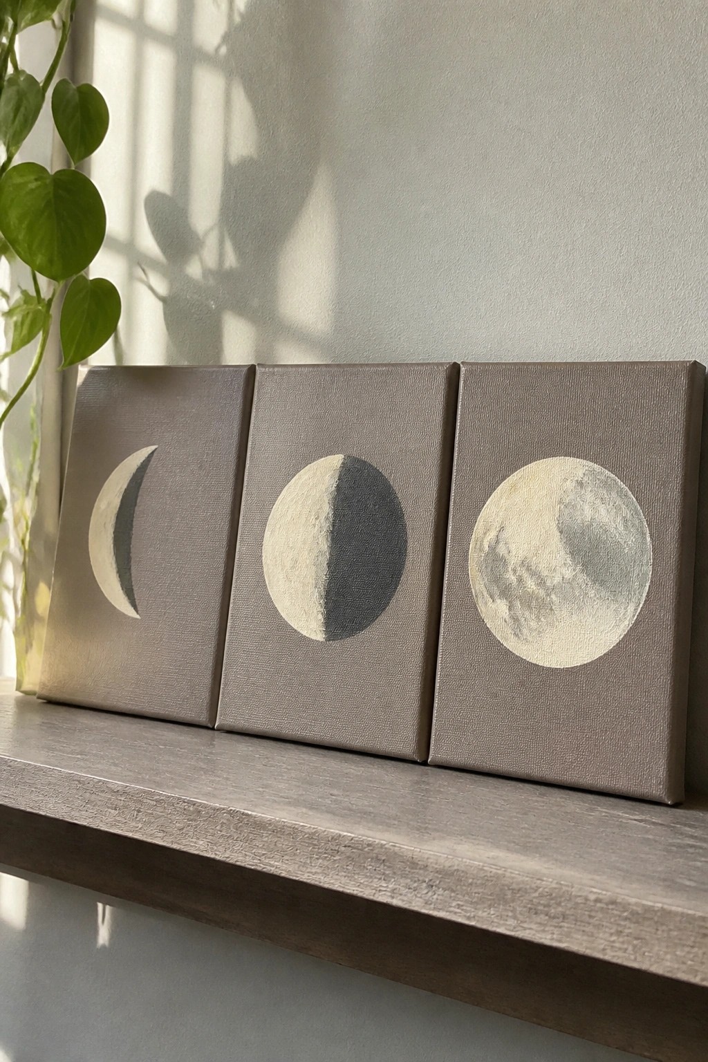 Three moon phase paintings on taupe canvases lined up on a wooden shelf
