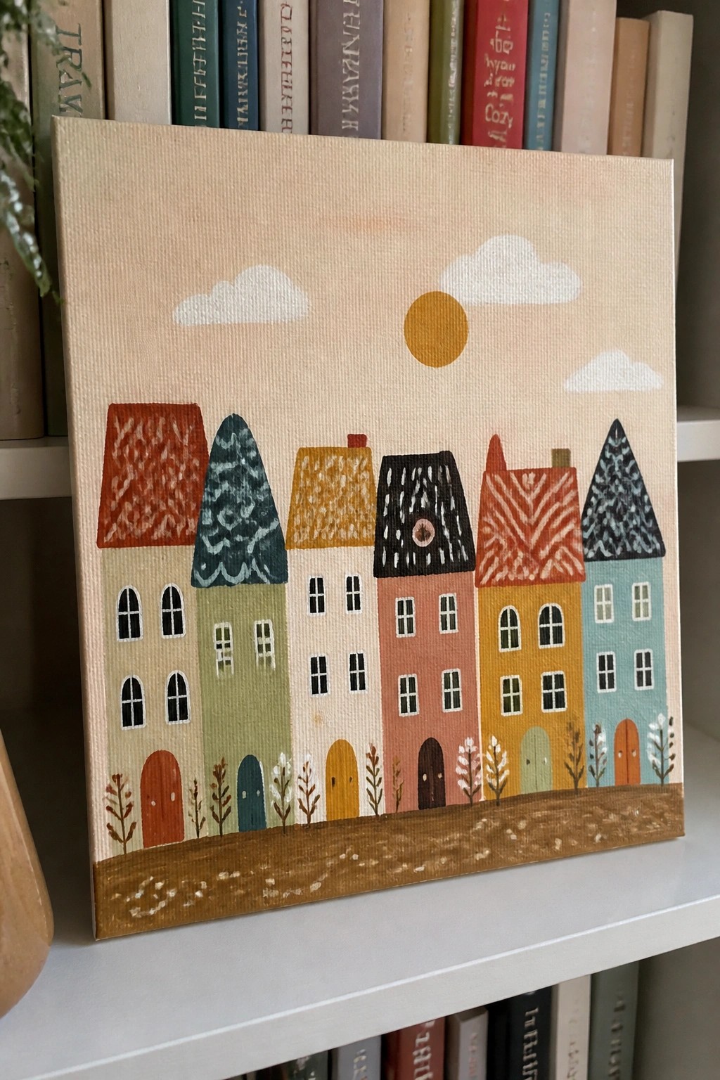 Colorful illustrated houses with patterned roofs under sun and clouds on canvas.
