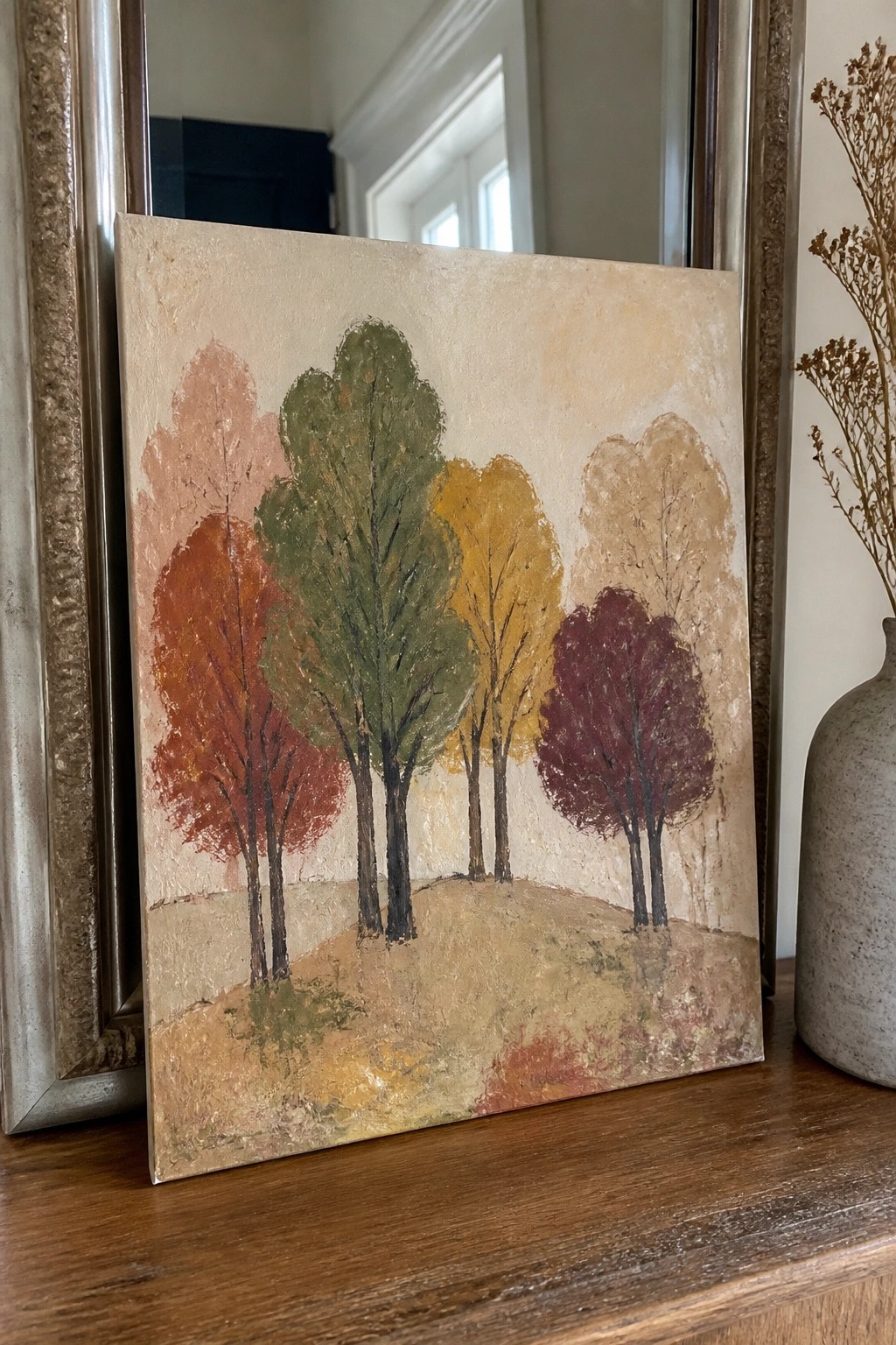 Abstract painting of colorful autumn trees leaning against mirror beside ceramic vase