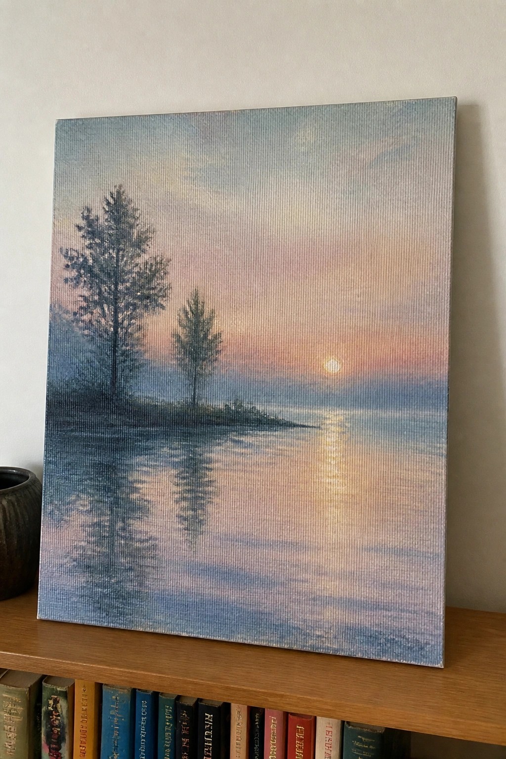 Painting of pine trees at misty pink sunset reflecting in calm lake on bookshelf