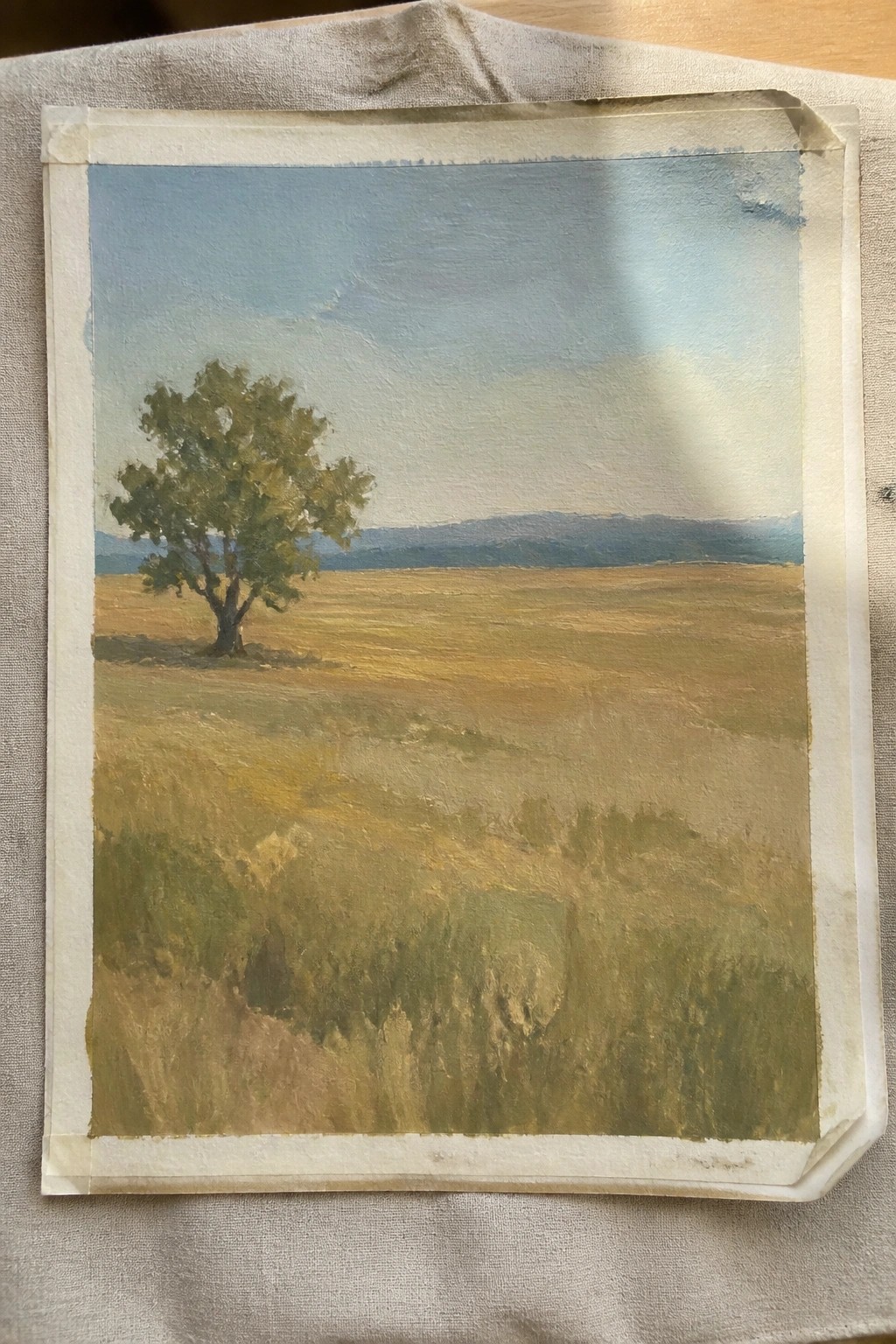 Landscape painting of lone tree in golden field with distant hills, taped on cloth.