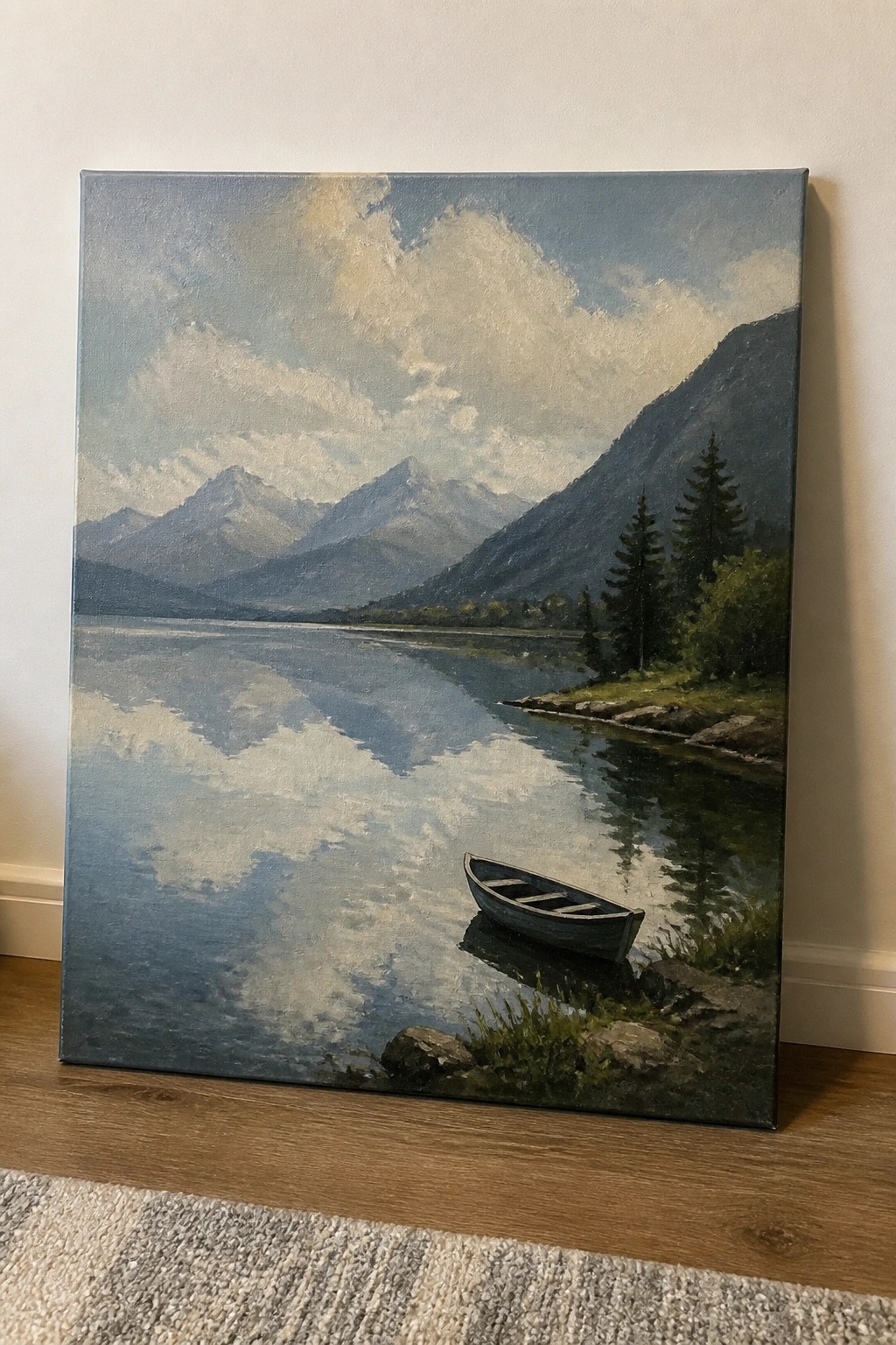 Oil painting of serene mountain lake with rowboat on rocky shore.