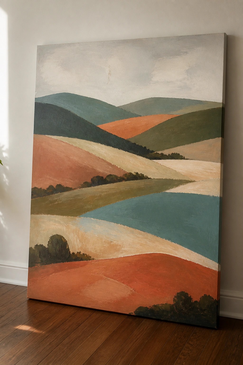 Abstract landscape painting of colorful rolling hills leaning against white wall on wood floor