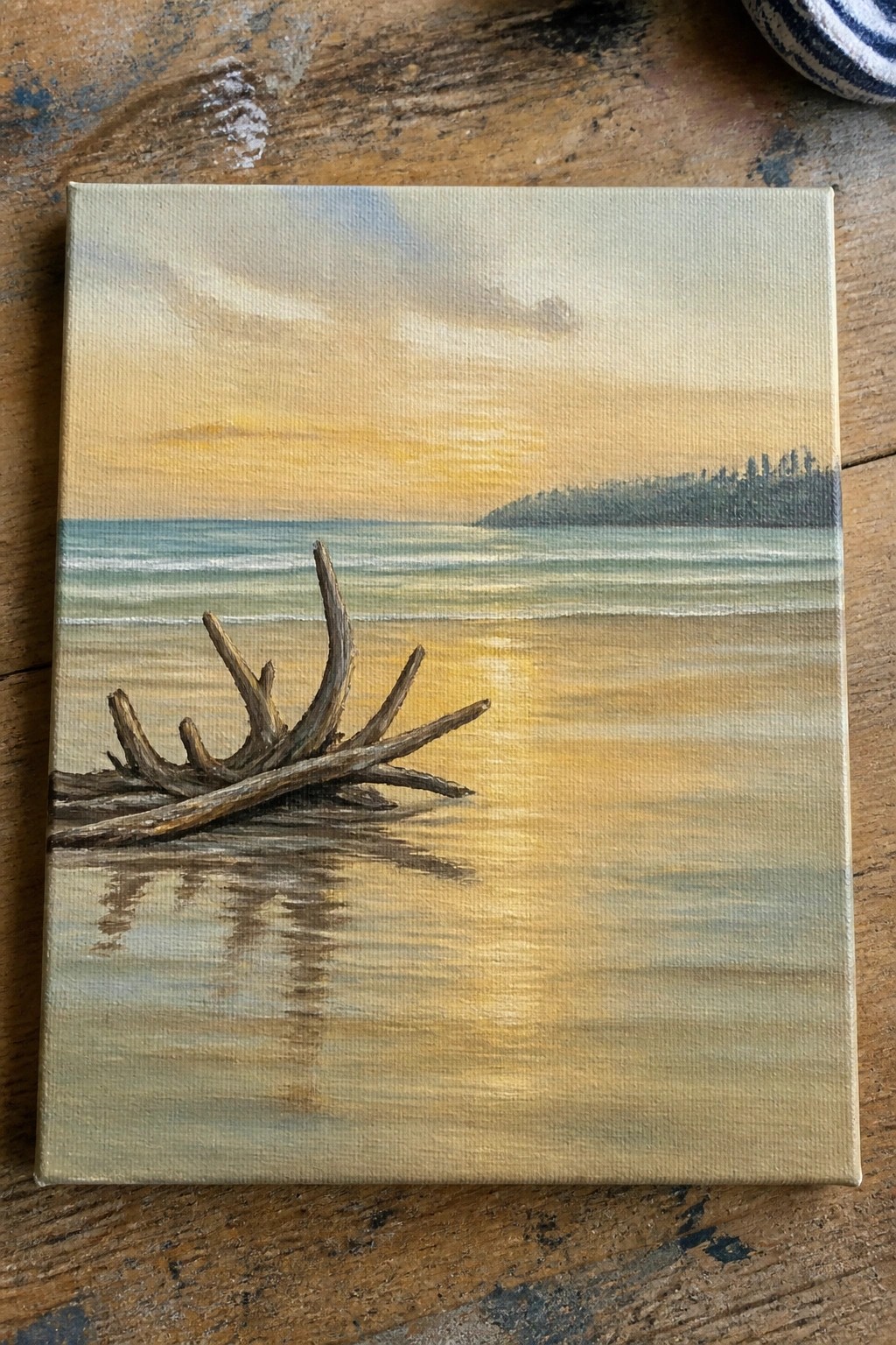 Canvas painting of driftwood on wet sand at golden sunset over ocean with distant trees