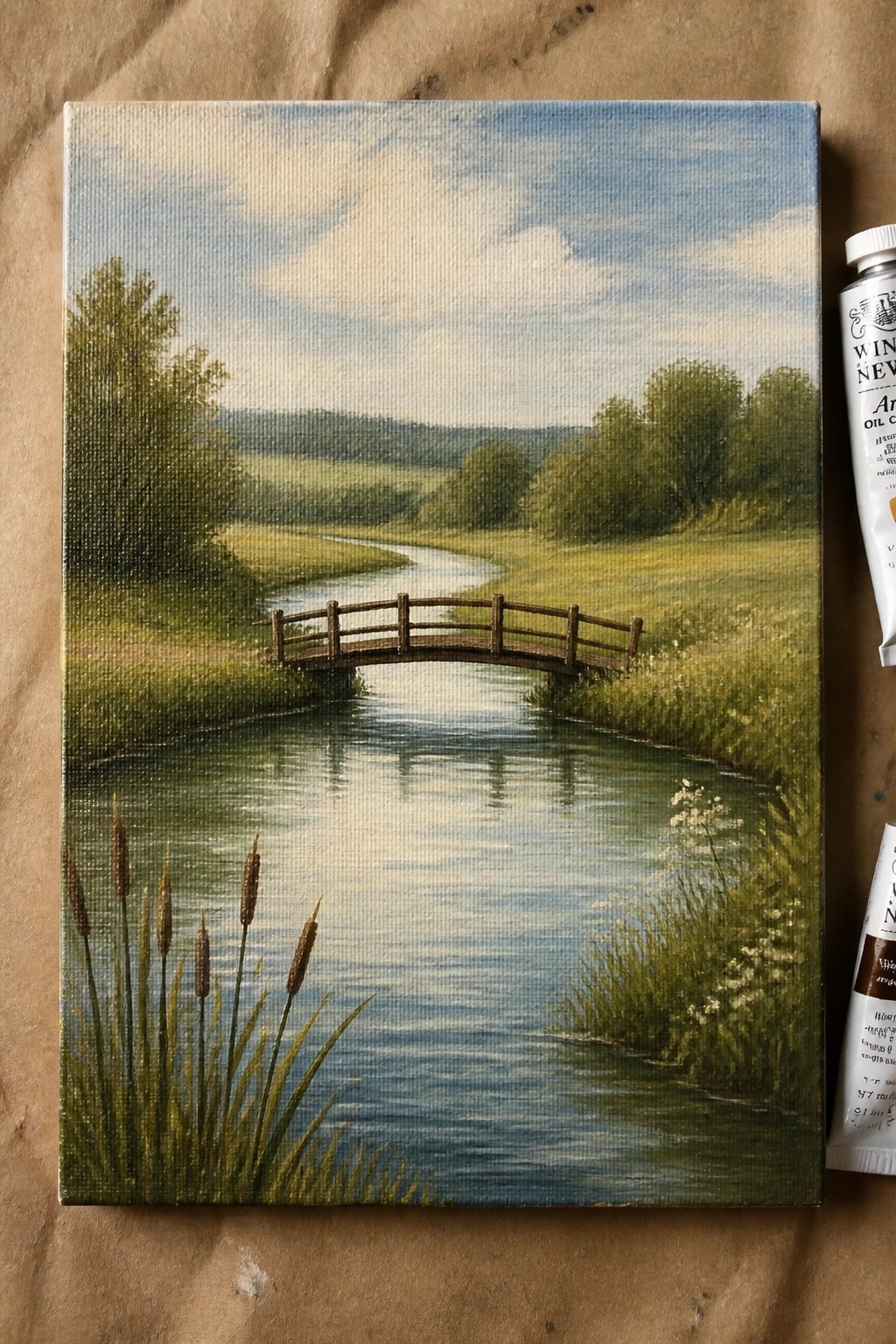 Oil painting of winding river with wooden bridge amid green fields and paint tube.