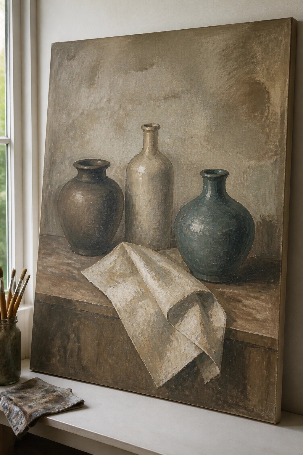 Oil painting of three vases and a draped cloth on a wooden surface against a textured brown background.