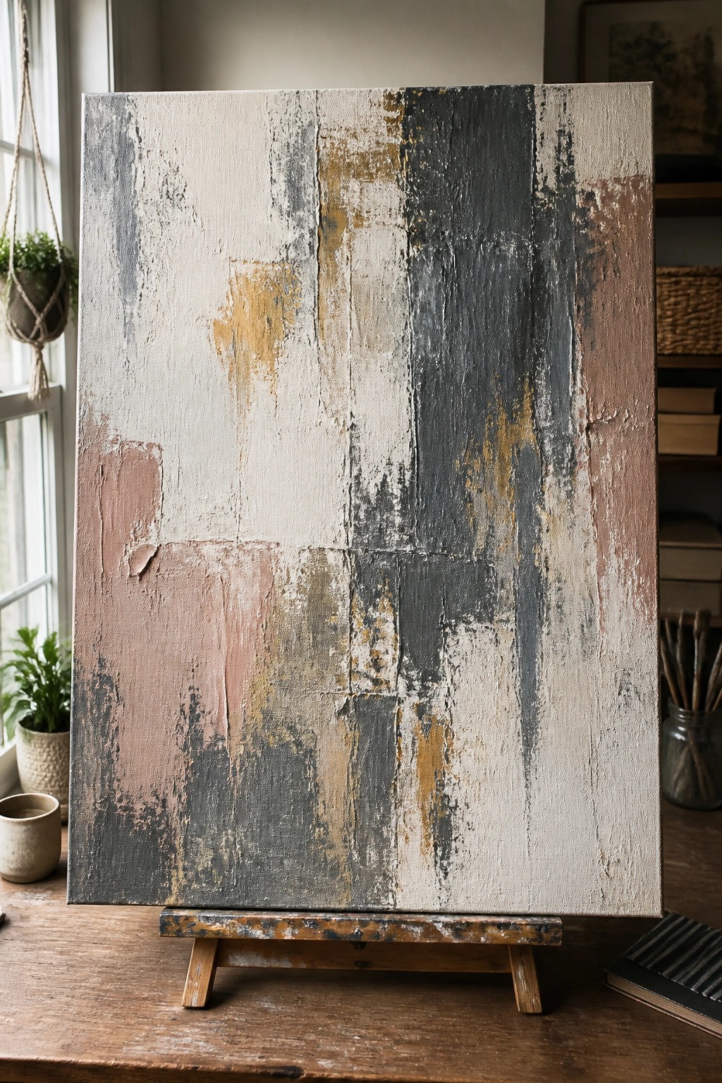 Abstract painting with layered neutral tones and textures on wooden easel in studio