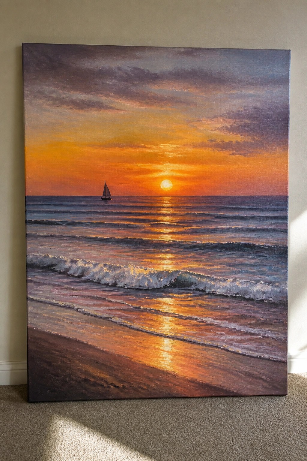 Vibrant sunset over ocean with sailboat, crashing waves, and golden sun reflections.