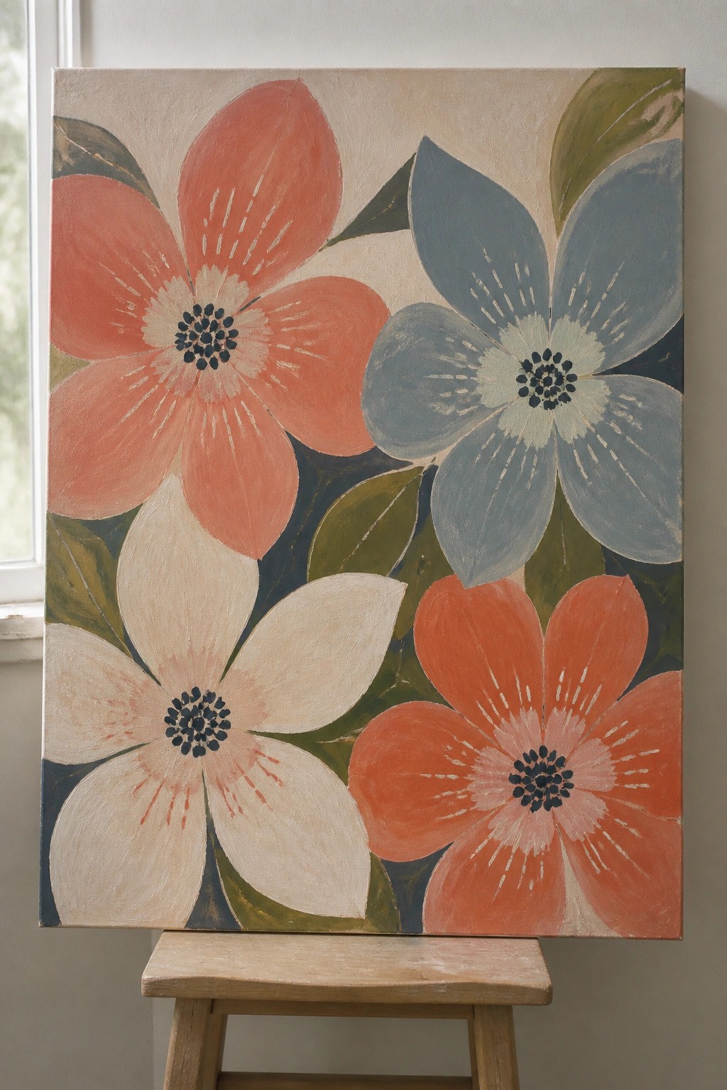Vibrant canvas painting of coral, blue, and white flowers on wooden stool